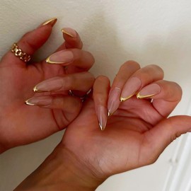 24Pcs French Tips Press on Nails Gel Glue on Nails for Manicure Art. Glossy Gold Glitter Acrylic False Nails With French Design. French Medium Almond Full Cover Fake Nails Stick on Nails for Women