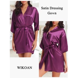 Wikoan Women's Satin Dressing Gown, Soft Silk Robe Lightweight Sleepwear for Bridal, Wedding Party Robes with Oblique V-Neck,XL,Dark Purple