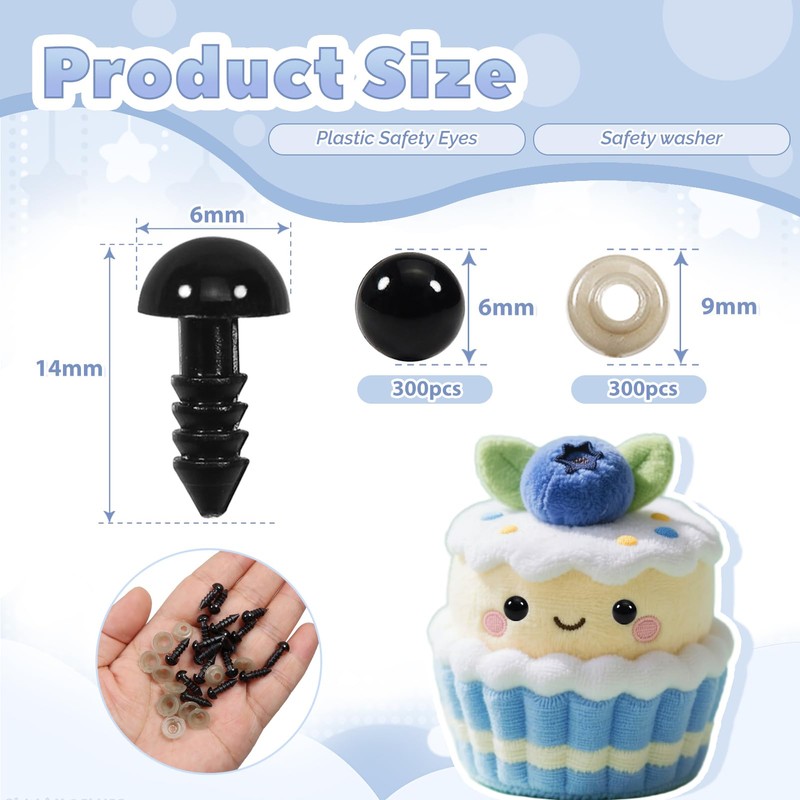 TOAOB 300pcs 6mm Safety Eyes for Amigurumis Craft Crochet Eyes