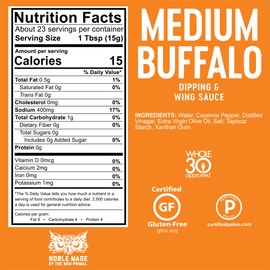 Noble Made by The New Primal, Medium Buffalo Dipping & Wing Sauce, Whole30 Approved, Paleo, Keto, Vegan, Gluten and Dairy Free, Sugar and Soy Free, Low Carb and Calorie, 12 Oz Glass Bottle (2 Count)