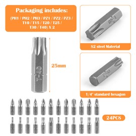 LDERFIV 24-Piece Torx Bit Set, 25 mm Length Screwdriver Bits, 1/4 Inch S2 Steel Torx Screwdriver Bits Set, T10, T15, T20, T25, T30, T40, PH1, PH2, PH3, PZ1, PZ2, PZ3