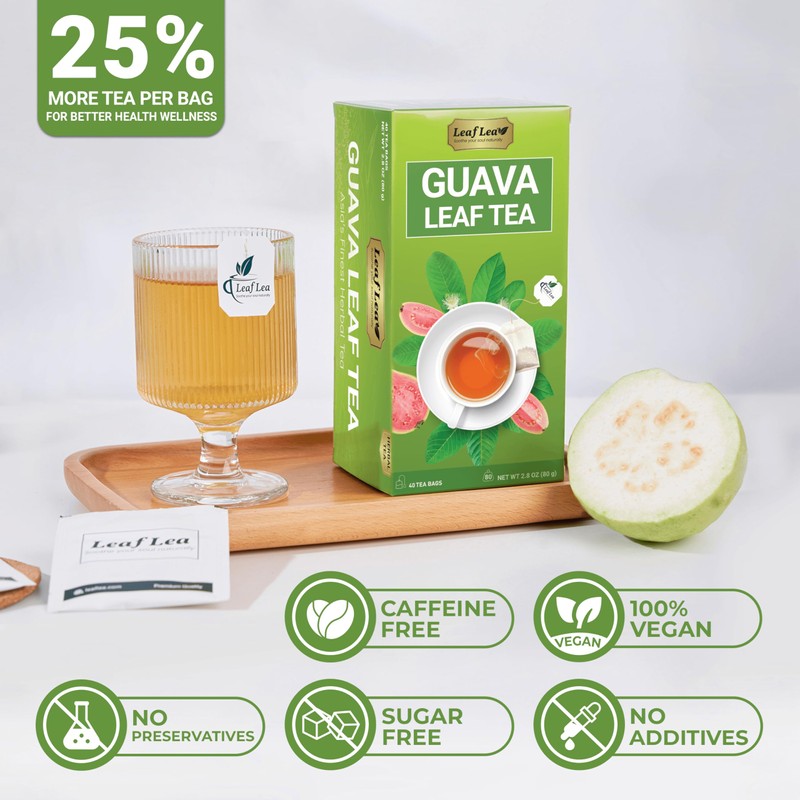 LeafLea Guava Leaf Tea, 40 Individually Wrapped Tea Bags, Made