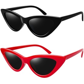 Joopin 2 Pack Narrow Cateye Sunglasses UV Protection, Polarized Red Cat Eye Sun Glasses Womens, Ladies Black Shades for Sensitive Eyes