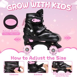OBENSKY Kids Roller Skates for Girls and Boys Ages 3-12, 4 Sizes Adjustable Toddler Roller Skates with 8 Light Up Wheels, Patines para Niñas Pink ﻿