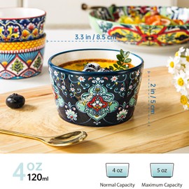 4 oz Ramekins Oven Safe for Creme Brulee – Porcelain Pudding & Custard Cups – Small Serving Bowls for Single-Serve Desserts, Dips & Sauces, Baking Ramekin Set of 6 – Bohemian Style