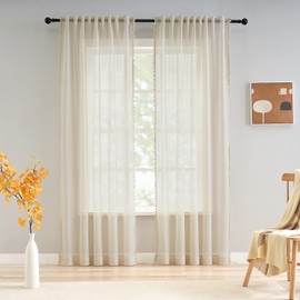 Pom-Pom Linen Sheer Curtain Panels for Nursery 54-inch Light Weight & Airy Pencil Pleat Voile Curtains Slub Textured Natural Farmhouse Semi-Transparent Window Drapes for Childrens Bedroom 52" w 1 Pair