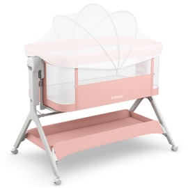 INFANS 5 in 1 Baby Bassinet, Upgraded Rocking Bedside Sleeper with Wheels, Storage Basket, Travel Bag, Mosquito Net, Height Adjustable, Portable All Mesh Crib for Newborn/Infant (Pink)