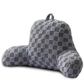 A Nice Night Faux Fur Reading Pillow,Checkered Fluffy Grid Plaid,Bed Wedge Pillow Large Adult Children Backrest with Arms for Bedrest,Grey