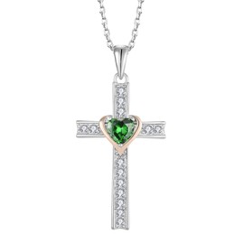 Aprila Women Necklace 925 Sterling Silver Heart Cross Pendant Necklace with Cubic Zirconia May Birthstone Emerald Color Jewelry
