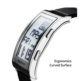 BERNY Men's Digital Sports Watch E-Ink Display Fashion LED E-Paper Watch Curved Dial Leather Band Watches with Two-time Zone Waterproof Wristwatches
