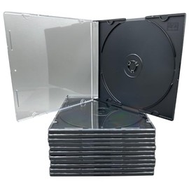 shopanize24® Premium CD Cases - Jewel Cases/Slimcases with Black Tray - 5.2mm / 10.4mm - for 1 Disc - Machine Compatible with Booklet Holder (Slim Case, Black Tray (5.2mm), 10 Blank Cases)