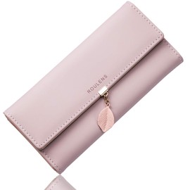 Roulens Ladies Purse, RFID Blocking PU Leather Wallet for Women Leaf Pendant Zipper Coin Long Purse with Multiple Card Slots and Roomy Compartment