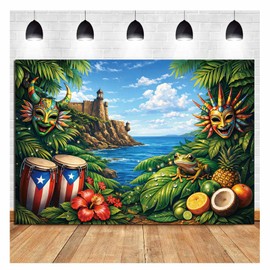 Puerto Rico Frog Photo Backdrops Tropical Coqui Drums and Vejigante Bomba Photography Backdrop for Fiesta Parade Puerto Rican Papel Picado Culture Caribbean Festival Party Decoration Banner