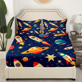 Feelyou Outer Space Bedding Set Twin Size Solar System Fitted Sheet for Boys Children Galaxy Space Rocket Universe Planets Bed Sheet Set Room Decor Orange Bed Cover Deep Pocket(No Top Sheet) 2Pcs