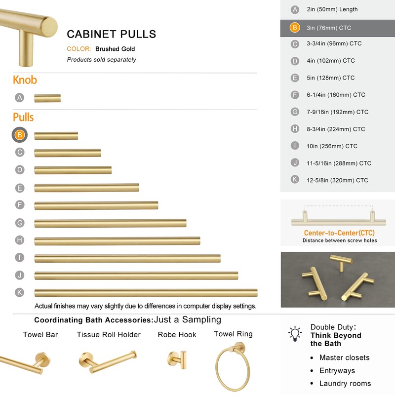QOGRISUN 5-Pack Solid Brass Cabinet Pulls, Gold Euro Style T-Bar