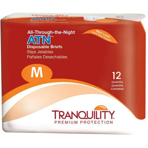 Tranquility ATN Adult Disposable Briefs with All-Through-The-Night Protection, M (32"-44") - 12 ct