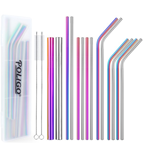 POLIGO 16pcs Reusable Stainless Steel Straws, Colorful Rainbow Iridescent Metal Drinking Straws with Portable Case and Cleaning Brushes for 20, 30 Oz Yeti Tumbler, Smoothies and Bubble Tea