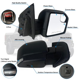 Right Passenger side Mirror with Power Glass, Outdoor Temperature Sensor,Turn Signal and Manual Folding Fits 2015-2020 Ford F150 Without Heated Replace JL3Z17682CA (8 Pins)