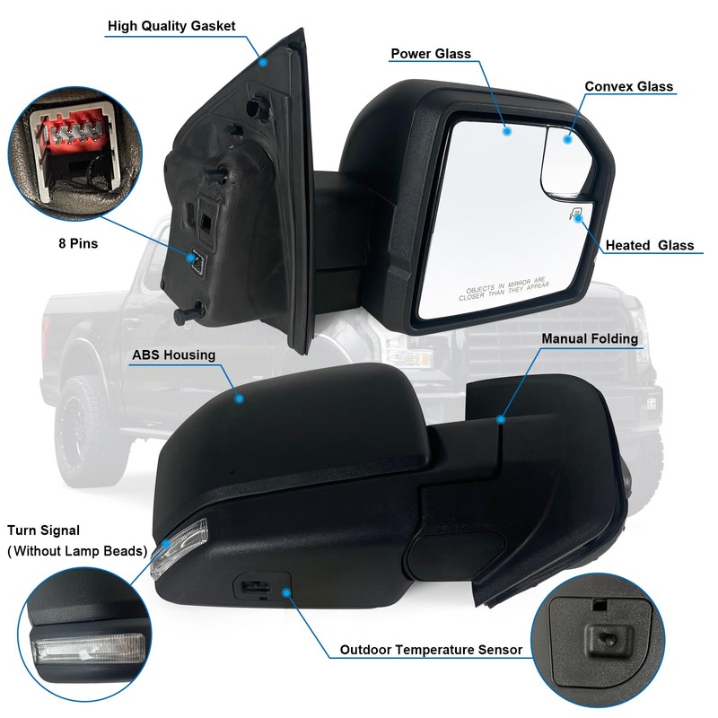Right Passenger side Mirror with Power Glass, Outdoor Temperature Sensor,Turn