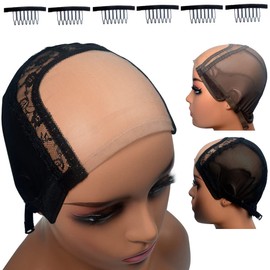 Highshion 3pcs Adjustable 4X4 Inch U Part Swiss Lace mesh wig cap for making wigs with straps one the back hairnet with 6pcs wig combs (L（58cm）, Brown)