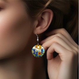 the fun things Bluebonnets Sunflowers Mountains Sunrise Dangle Earrings NO TARNISHING Wood
