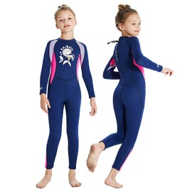 ILAVSUN Kids Wetsuit Girl - 2.5mm Neoprene Full Body Thermal Wet Suits Long Sleeve One Piece Swimsuit Back Zipper Keep Warm for Diving Scuba Snorkeling Swimming Surfing Cold Water Sports XXL Navy Blue