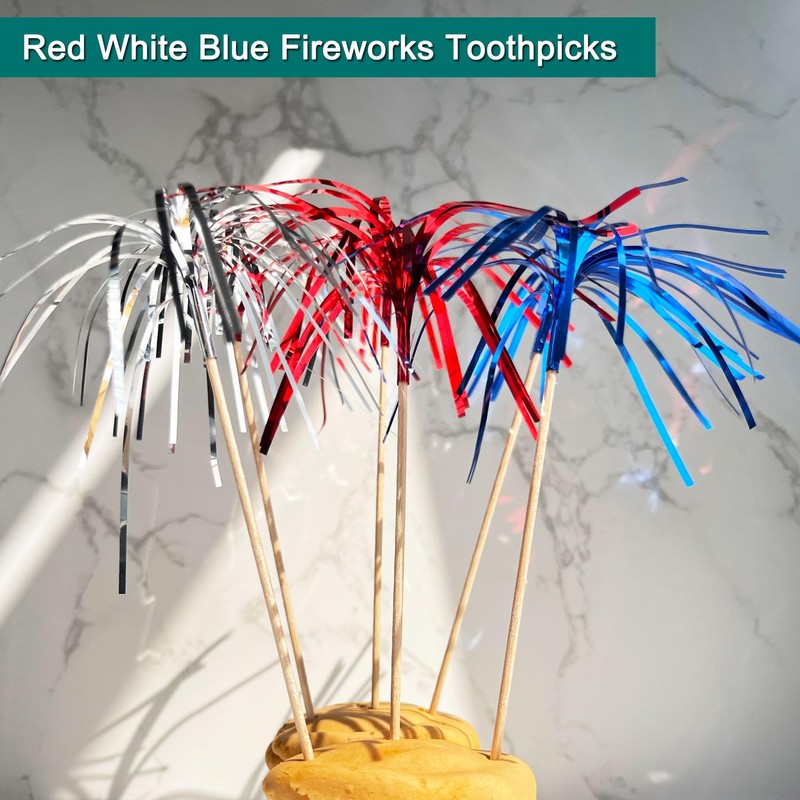 Cocktail Picks,100pcs Red Blue Silver Firework Toothpicks for Appetizer, 9