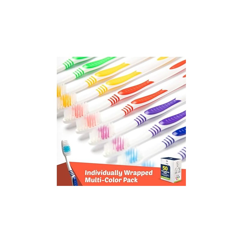 EcoFox Cepillos de Dientes Desechables Multicolor Empaquetados Individualmente 50 Piezas