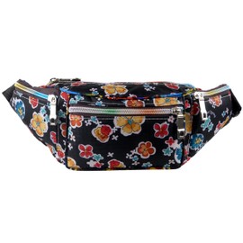 Funky Black Floral Nylon Bum Bag Fanny Pack Rainbow Zips Travel Holiday Security