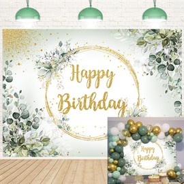 Greenery Happy Birthday Banner Backdrop 7x5FT Green Eucalyptus Leaf Birthday Photography Background Kids Adults Birthday Party Decorations Supplies Photo Props