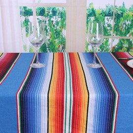 Hxezoc 59 x 84 Inch Mexican Blanket Striped Tablecloth Large Square Fringe Cotton Mexican Serape Tablecloth for Mexican Party Wedding Decorations Outdoor Table Cover (Blue)