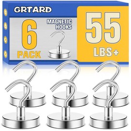 Grtard 55 LBS Magnetic Hooks Heavy Duty, 6 Pack Neodymium Magnet Hooks for Cruise Cabin, Strong Magnetic Hooks for Hanging, Magnets with Hooks for Home, Kitchen, Workplace, Bathroom(Silver)