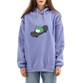 KEEVICI Women's Cute Sweatshirts Frog Skateboard Long Sleeve Casual Hoodie Pullover Tops (Purple,Asian L)