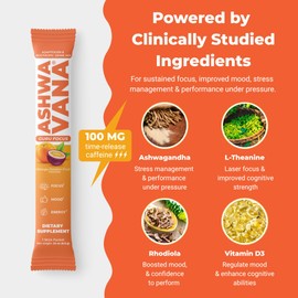 Ashwavana Ashwagandha & Vitamin D Drink Mix With L-Theanine, K2, Rhodiola, 100MG Time-Release Caffeine - Orange Passion Fruit Flavor. America's #1 Ashwa Drink
