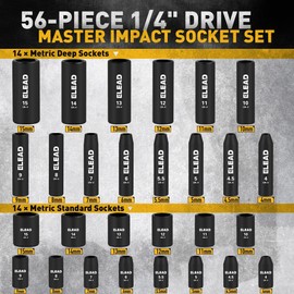 ELEAD 1/4" Drive Impact Socket Set, 56-Piece Standard SAE (5/32 to 9/16 inch) and Metric (4-15mm) Size, Deep & Shallow, 6 Point, Cr-V, 72-Tooth Ratchet Handle, Extension Bar, Universal Joint