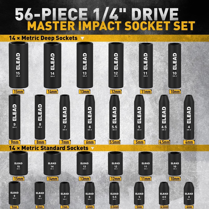 ELEAD 1/4" Drive Impact Socket Set, 56-Piece Standard SAE (5/32
