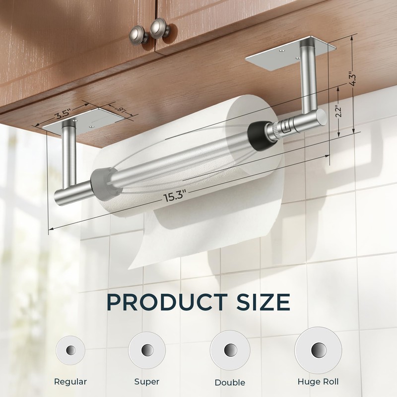 FORIOUS Paper Towel Holder Under Cabinet, One Hand Tear, Commercial,Silver