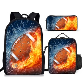 3PCS Football Backpacks for Boys Girls Teens, School Backpack with Lunch Box Pencil Case for Elementary Middle High Students, 17 Inch Lightweight Bookpack 3 in 1 Set Back to Shool Supplies for Kids