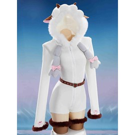 Mobbunny Women Anime Derivative Cosplay Costume Cute Cartoon Fluffy Romper Onesie Pajama Sheep Hooded Bodysuit (White, x-large)
