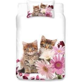 MUSOLEI Cat Single Bed Duvet Cover Set, 3D Printed Two Lovely Kitty with Pink Flowers Pattern Cute Bedding Set, Soft Zipper Quilt Cover 135x200cm and Pillowcase 50x75cm for Adults Kids Bedroom