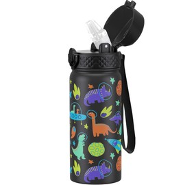 GOPPUS Kids Water Bottle (Straw Lid) - 18 Oz Stainless Steel Travel Bottle, Double Wall Vacuum Leak Proof Kids Cup for School Boys Girls,Space dinosaur