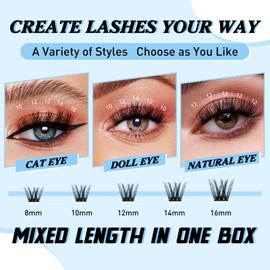 KevKev Lash Clusters 192 Pcs Individual Lashes Cluster Lashes Mixed Styles DIY Lash Extensions Eyelash Clusters Thin Band & Soft Lashes that Look Like Eyelash Extensions(Cloudy & Cirrus, D-8-16mix)