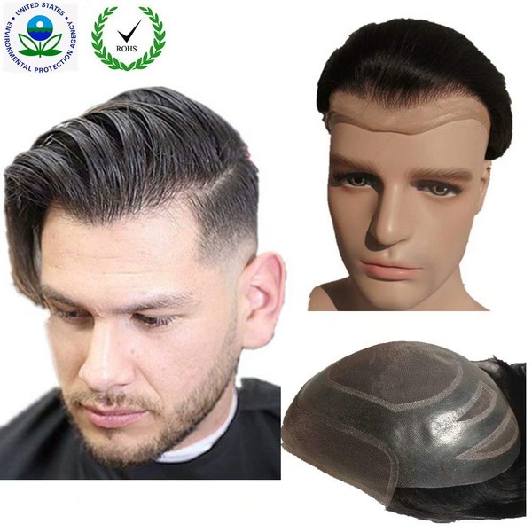 Toupee for men Hair pieces for men N.L.W. European virgin human hair replacement system for men, 10" x 8" human hair toupee men hair piece.#1B Off black