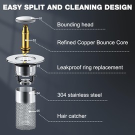 Bathroom Sink Drain Strainer, Pop Up Sink Drain Strain, Bathroom Sink Stopper with Removable Stainless Steel, Filter Basket Hair Catcher Hair Catcher, 2 PCS