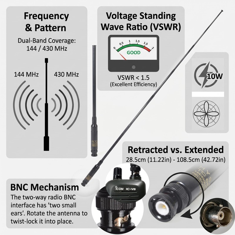 HYS BNC Telescopic Whip Handheld Dual Band Antenna,VHF 144MHz &
