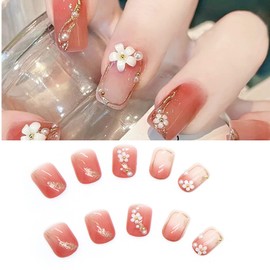 HAPVITAL 24 Pcs Nail Tip, Nail Tip, 3D Nail Tip, Handmade Nail Tip, Japanese Style, Bride, Long, Glossy False Nails, Wedding Nail Tips, Cute (Flower Design)