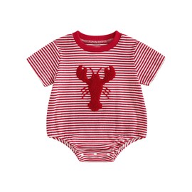 Mobbdow Infant Baby Girl Crawfish Outfit Lobster Embroidered Stripe Short Sleeve Bubble Romper Bodysuit Cute Summer Clothes (Big Crawfish, 3-6 Months)