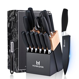 Knife Set with Block - Howashin 15 Pieces Knife Set with Sharpener, Razor Sharp - Anti-slip Handle - German Stainless Steel Black Knife Block Set, with Gift Box