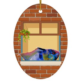 Sunflower German Blue Ram Cichlid Portrait Window Christmas Ornament Oval Ceramic - Pet Owners Gifts