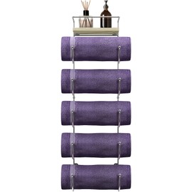 Sorbus Bathroom Towel Holder - 5 Tier Metal Towel Rack with Wood Shelf for Rolled Bath Towels, Washcloths, Linens, Hand Towels, Soaps & Accessories - Wall Mounted Towel Rack for Bathroom Towel Storage